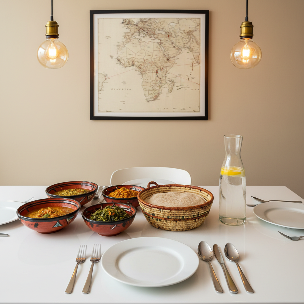 A neatly set dining table blends two worlds: a smooth, modern white tabletop supports a colorful array of traditional East African serving dishes alongside minimalist Western-style plates and cutlery. A woven grass basket holds flatbreads, while a sleek glass carafe contains water infused with lemon slices. Behind the table, a pale neutral wall is decorated with a single, framed map showing two continents connected by a delicate red thread. Warm pendant lighting from above casts a soft, golden glow, creating gentle reflections on the glassware and subtle shadows around the textured basket. Captured in photographic realism from a slightly elevated, centered viewpoint, the composition emphasizes harmony and balance, with a calm, respectful atmosphere that symbolizes the quiet blending of cultural traditions within a Western home.