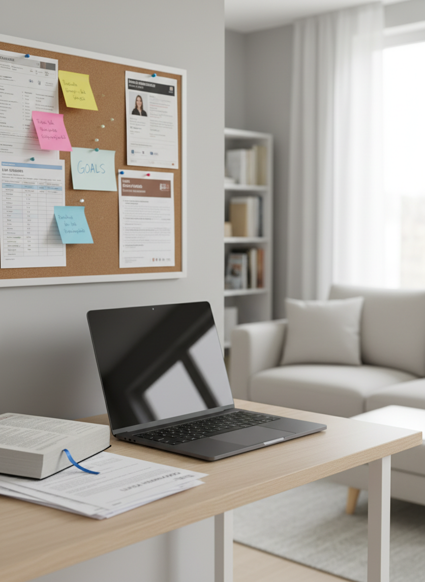 A compact, meticulously organized home office corner is tucked into a bright living room, featuring a slim wooden desk with a matte black laptop, a thick bilingual dictionary open to a bookmarked page, and a neatly stacked pile of resumes printed on crisp white paper. A corkboard on the wall above holds color-coded sticky notes, job postings, and a small index card titled “Goals” written in careful handwriting. Soft, diffused daylight from a nearby window creates gentle, even illumination, reducing harsh shadows and reflecting subtly off the laptop screen. Photographed at an eye-level, three-quarter angle with moderate depth of field, the front objects remain in tack-sharp focus while the background couch and bookshelf dissolve into a quiet blur. The photographic style is clean and professional, capturing a mood of determination, planning, and the persistent pursuit of a stable career in a new country.