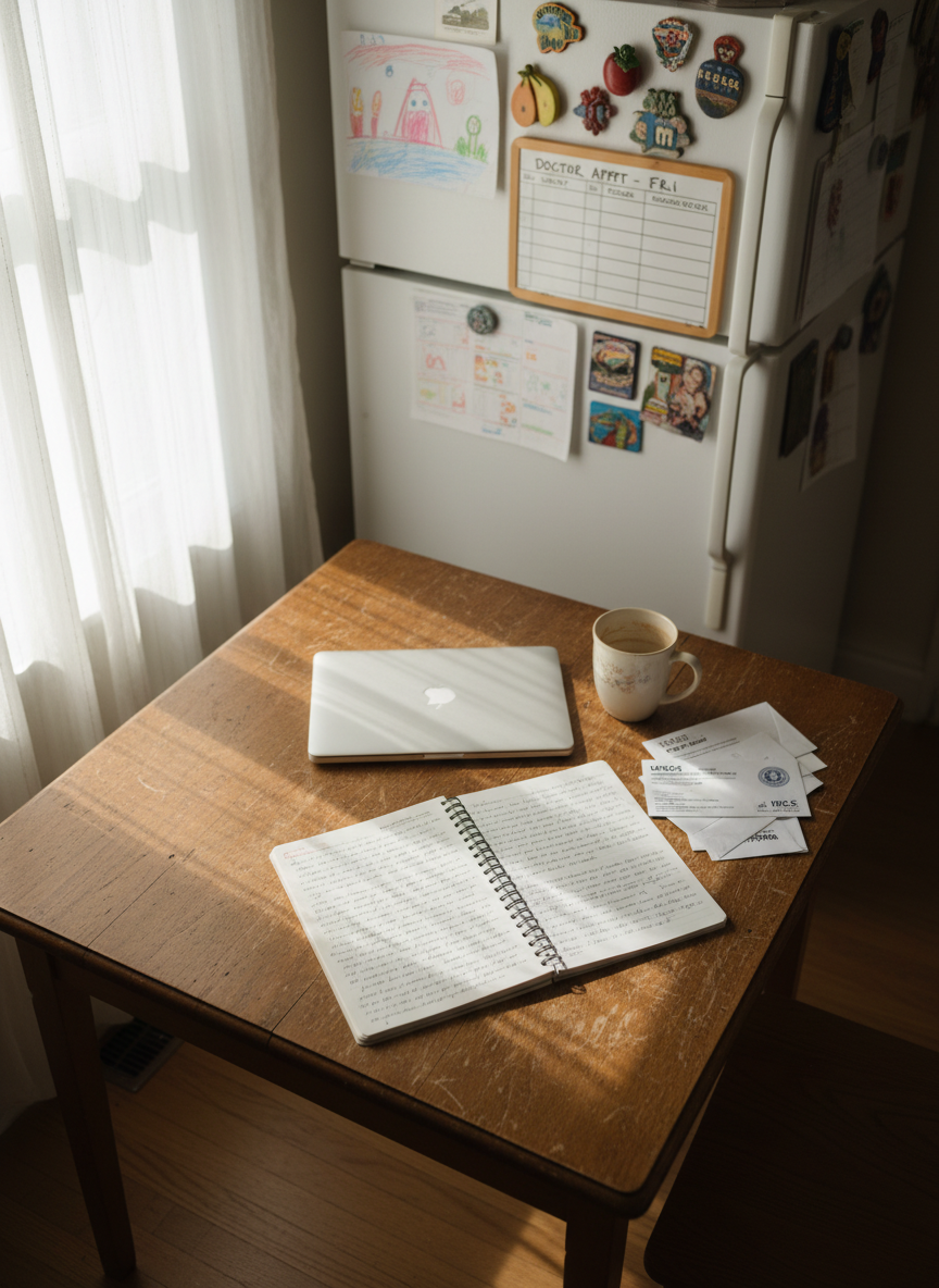 A simple, well-used wooden kitchen table sits in the center of a modest, sunlit room, its surface covered with an open notebook filled with neat handwritten reflections, a closed laptop, a chipped ceramic mug, and a small stack of official envelopes from various government agencies. Soft morning light filters through sheer white curtains, illuminating faint ring marks and scratches on the table’s surface, evidence of years of family life and difficult conversations. In the background, slightly out of focus, a refrigerator door is covered with children’s drawings, appointment reminders, and a hand-written budget pinned with mismatched magnets. Captured from a slightly elevated angle in clean, sharp photographic realism, the composition uses the rule of thirds to create a quiet, contemplative mood that speaks to resilience, paperwork, and the everyday balancing act of immigrant life.