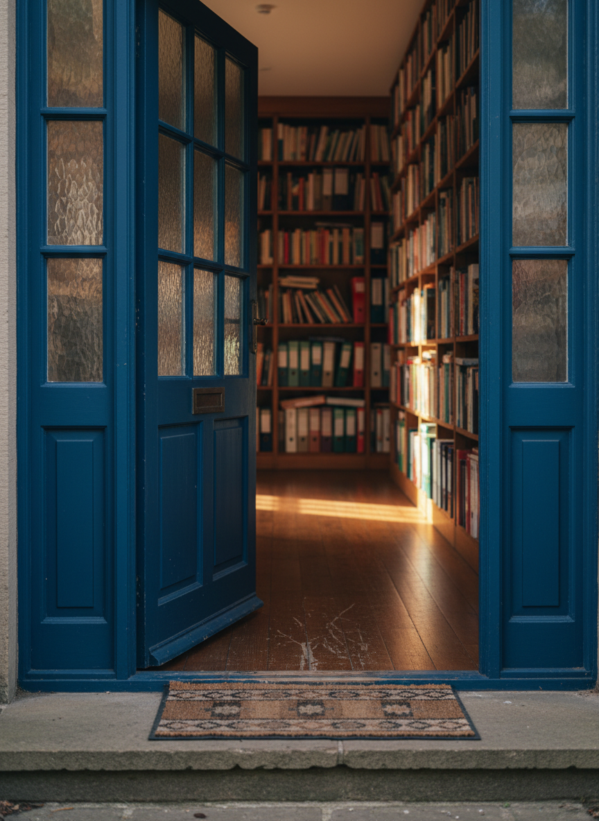 A sturdy, weathered wooden front door painted a deep, rich blue stands slightly ajar, revealing a warm interior hallway lined with bookshelves overflowing with worn paperbacks and neatly labeled binders. A small woven welcome mat rests on the doorstep, patterned with subtle geometric designs inspired by East African textiles. Late afternoon natural light streams from an unseen window inside, casting soft golden beams across the polished floor and highlighting faint scuff marks that hint at years of comings and goings. Shot at eye level with a shallow depth of field, the doorframe remains in crisp focus while the interior softens to a gentle blur, creating a photographic realism that feels calm, reflective, and inviting, symbolizing the threshold between cultures and the stories that unfold within.